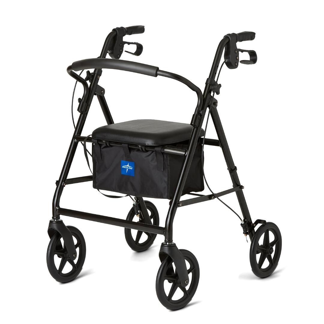Medline Aluminum Rollator Walker, Burgundy, 300 lb. Weight Capacity, 8” Wheels, Adjustable Height Handle, Padded Seat & Backrest, Rolling Walker for Seniors and Mobility Impaired