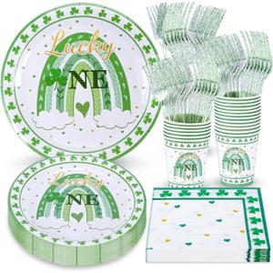 Atonofun Lucky One Birthday Party Supplies, St. Patrick's Day 1st Plates and Napkins Set, Irish Party Plates, Cups, Napkins, Cutlery for St. Patrick's Day and Irish First Birthday Party, Serves 24