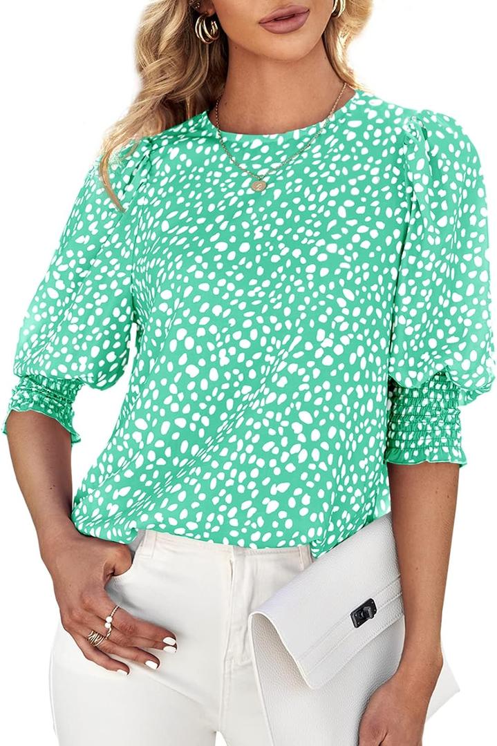 Teurkia Women's Polka Dot 3/4 Sleeve Blouse Tops Ladies Casual Office Work Crew Neck T-Shirt (Green, L)