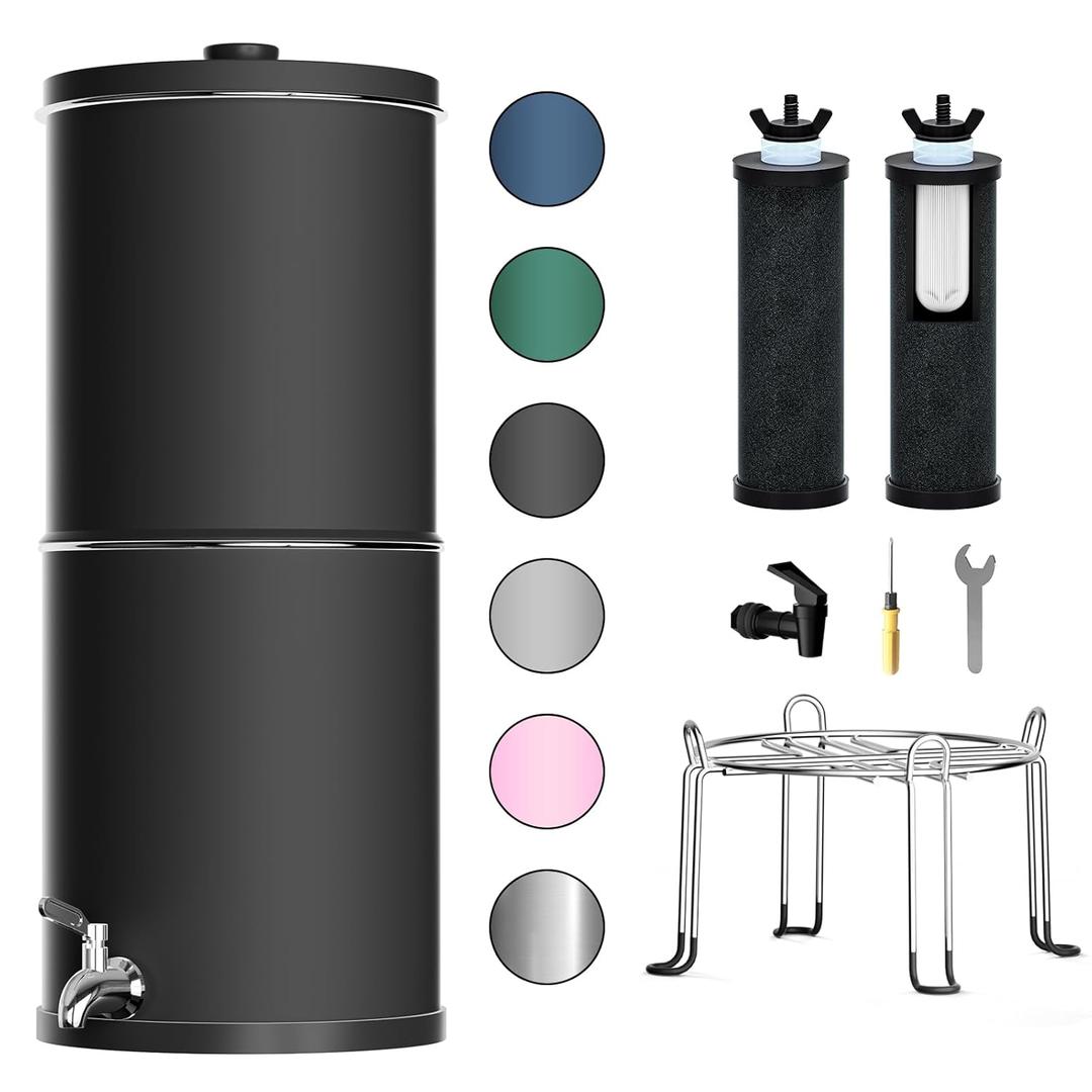 Purewell 3-Stage 0.01m Ultra-Filtration Gravity Water Filter System, NSF/ANSI 42&372 Certification, 304 Stainless Steel Countertop System with 2 Filters and Stand, Reduce 99% Chlorine, 2.25G, PW-OB (Black)