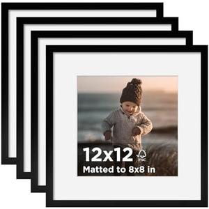 KINLINK 12x12 Picture Frame Black Set of 4, Wooden Square Photo Frames Matted 8x8 with Plexiglass for 8x8 with Mat or 12x12 without Mat for Table and Wall Display