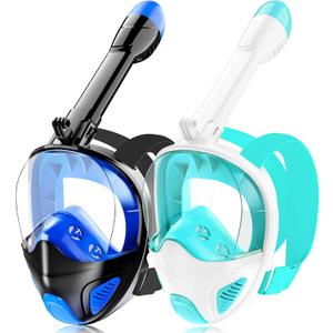 Full Face Snorkel Mask for Adults Teen, Snorkeling Gear with Detachable Camera Mount,Panoramic 180 View, Anti-Fog Anti-Leak Snorkling Set for Man and Women (Dark Blue+Green-S/M)