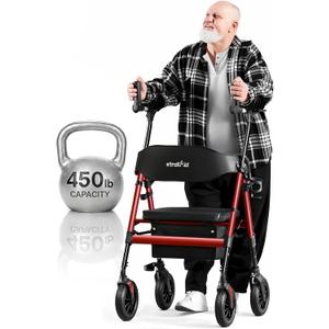 Upright Walkers for Seniors, 450 lb Heavy Duty Stand Up Rollator Walker with Adjustable Soft Sponge Armsupport & Seat, Tall Standing Folding Rolling Walker with 8'' Wheel, Red