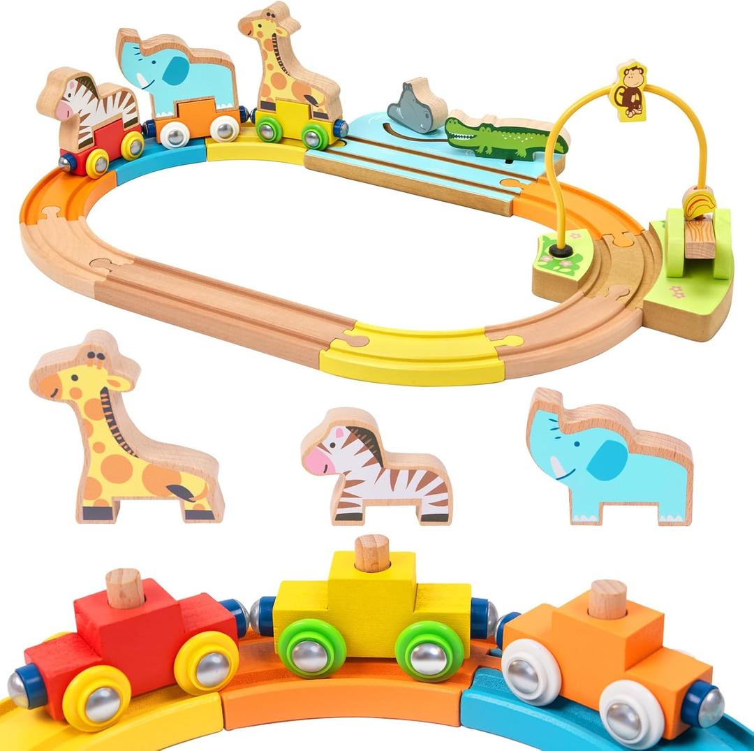 Wooden Train Set for Toddlers Magnetic Train Car Toys for Toddler, Montessori Toys, Accessories fits Melissa and Doug, fits Brio, fits Thomas, for Boys Girls 18+ Months (Animal Wooden Train Set)