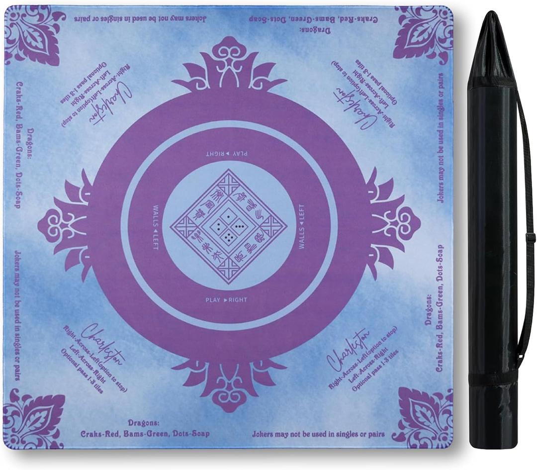 Anti Slip Mahjong Mat with Rules, Noise Reduction American Mahjong Table Mat & Cover for Poker, Card, Board & Tile Games, 31.5 in X 31.5 inch((Blue)