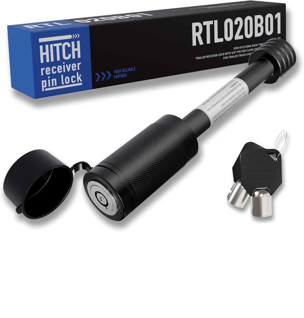 RETRUE Trailer Hitch Locks, 5/8" Locking Hitch Pin for 2 Inch and 2 1/2 Receiver Class III IV Hitch, Tow Hitch Pin Lock with O-Rings Weatherproof Caps, Trailer Accessories for Outdoor Enthusiasts (1 Pack, Black)