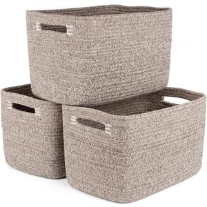 Storage Baskets for Organizing, 14 x 10 x 9 Closet Shelf Woven Baskets, Square Bins with Handles, Cotton Rope Basket for Toys, Clothes, Office, Room, Brown 3 Pack