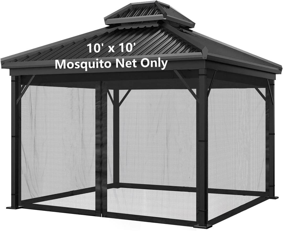 Mosquito Net for Outdoor Gazebo Canopy 4-Panel Canopy Screen Wall with Zipper for 10 x 10' Patio Gazebo and Tent (Mosquito Net Only) 10' x 10' Black (Black with Rings one Door)