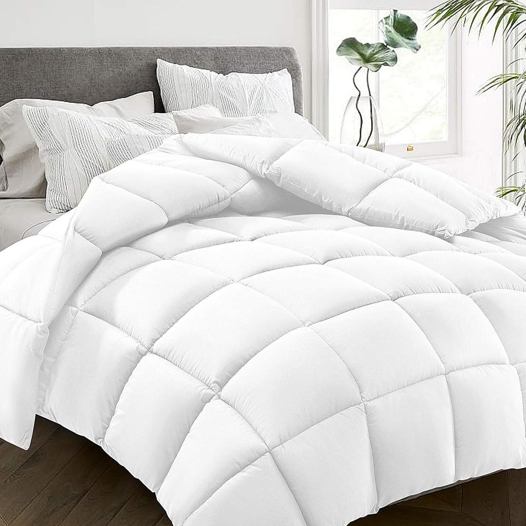 HYLEORY All Season Full Size Bed Comforter - Cooling Goose Down Alternative Quilted Duvet Insert with Corner Tabs - Winter Warm - Machine Washable - White