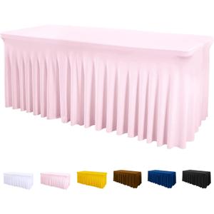 ManMengJi Table Cover and Table Skirt One-Piece for Folding Tables, 6FT Spandex Fitted Tablecloth with Ruffles Skirt for Weddings, Banquets, Parties, Vendors (Pink 1Pack) (11.4" x 9.1" (Rectangular), 1 Pack)