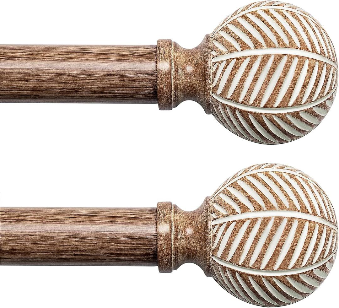 Wood Curtain Rods for Windows: 1 Inch Diameter Adjustable Drapery Rods 48" to 86", 2 Pack Heavy Duty Window Rod with Imitation Wood Grain Leaf Pattern Finials