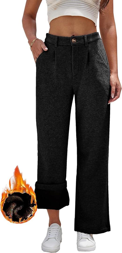 heipeiwa Women's Fleece Lined Winter Thermal Flannel Knit Wide Leg Pants Trouser Casual Dressy Outfit (Black, XL)