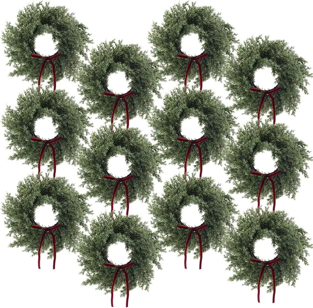 12 Set 12 Inches Christmas Pine Wreath with Red Bow, Cedar Wreaths with Bows Realistic Christmas Decorations for Holiday Xmas Party, Wall, Window, Outdoor Indoor