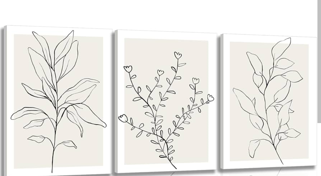 YFvrPt Neutral Botanical Line Wall Art Framed 16x24 In Set of 3 Minimalist Plant Canvas Pictures Black and White Boho Modern Farmhouse Artwork Abstract Painting Prints for Wall Decor Aesthetic
