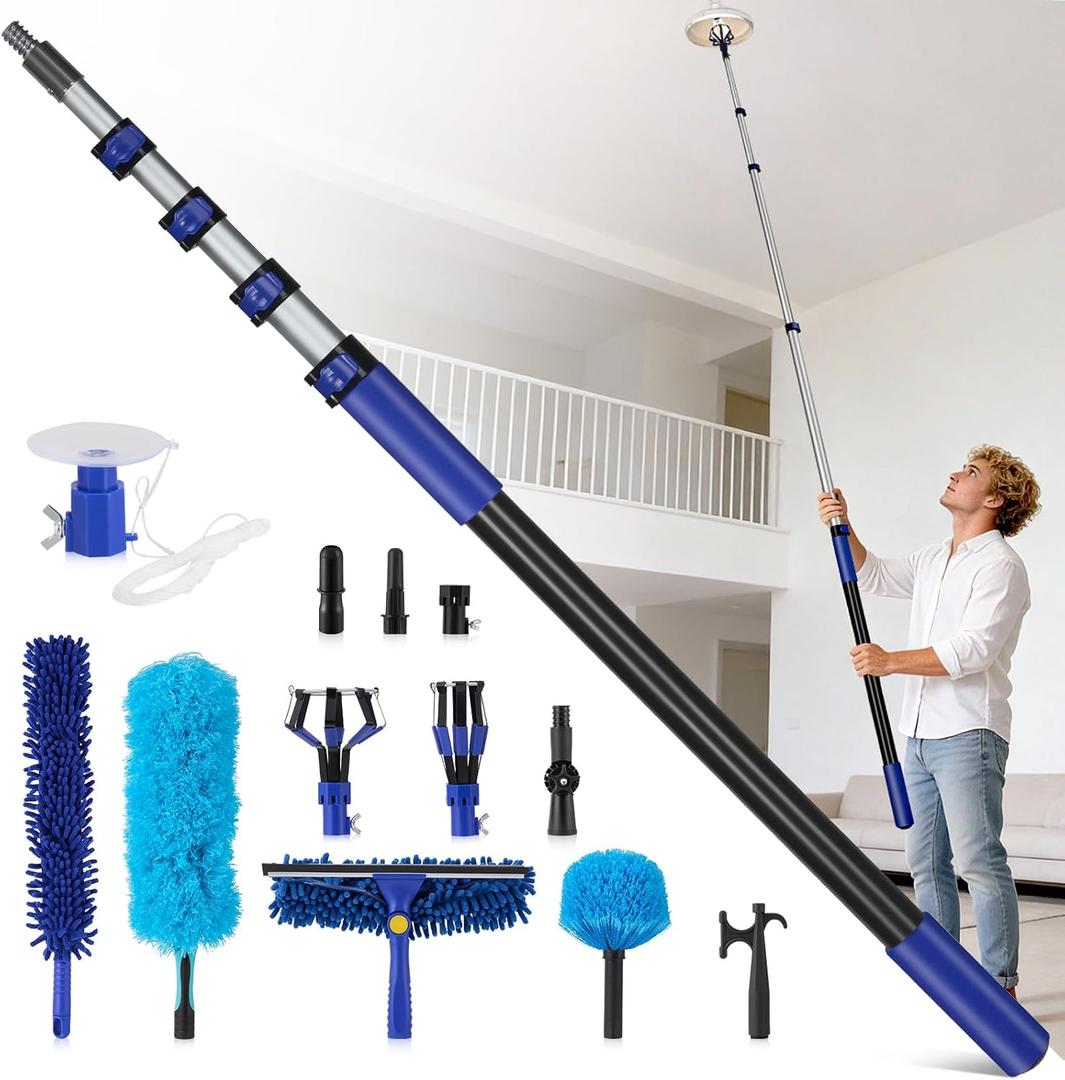 Light Bulb Changer for High Ceilings, 3.4-12.4FT Extension Pole Telescopic Extension Poles for Cleaning, Ceiling Fan Cleaner Duster Kit with Baskets, Suction Cup, Plush Brush for Roof Window Cleaning