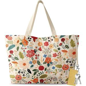Aesthetic Tote Bag for Girls - with Magnetic Buckle and Zipper Inner Pocket for Women Lady Canvas Cotton Tote Bag (Full Flower)