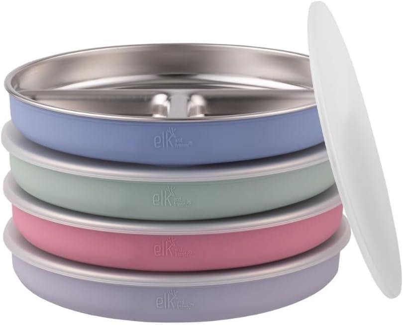 Stainless Steel Divided Plates + Silicone Sleeve and Storage Lid | Baby, Toddler, Kids | Dinner & Snack Plates | 4 Pack (Sage/MistyBlue/Blush/Lilac)