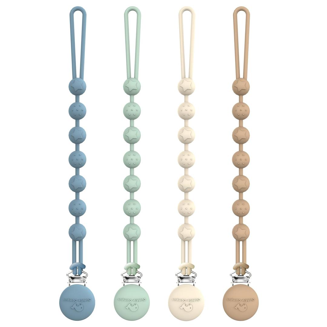 Cuddle Campus Silicone Pacifier Clip Holder with One Piece Design, Pack of 4 Soft Flexible Binky Clips with Texture for Baby Boy and Girl (0-6M) Set 1 (Neutral)