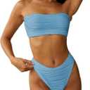 ZAFUL Women Strapless Textured Bandeau Bikini 2 Piece Swimwear Cheeky Solid Lace up Bathing Suits (Medium, 1-light Blue)