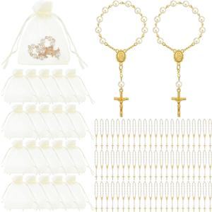 Fumete 60 Pieces Mini Rosary Favors Baptism Favors Acrylic Rosary Beads Finger Baptism Rosaries with Organza Bags for Christening Weddings Party