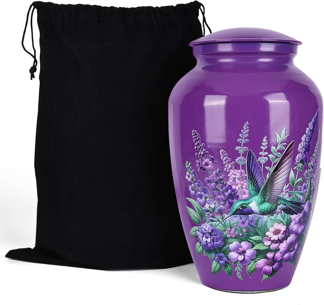 Purple Hummingbird Urns for Human Ashes Adult Female and Male, Decorative Burial Urn, Funeral Cremation Urns for Women and Men Women's Keepsake Urn for Mom or Mother (Purple, Large)