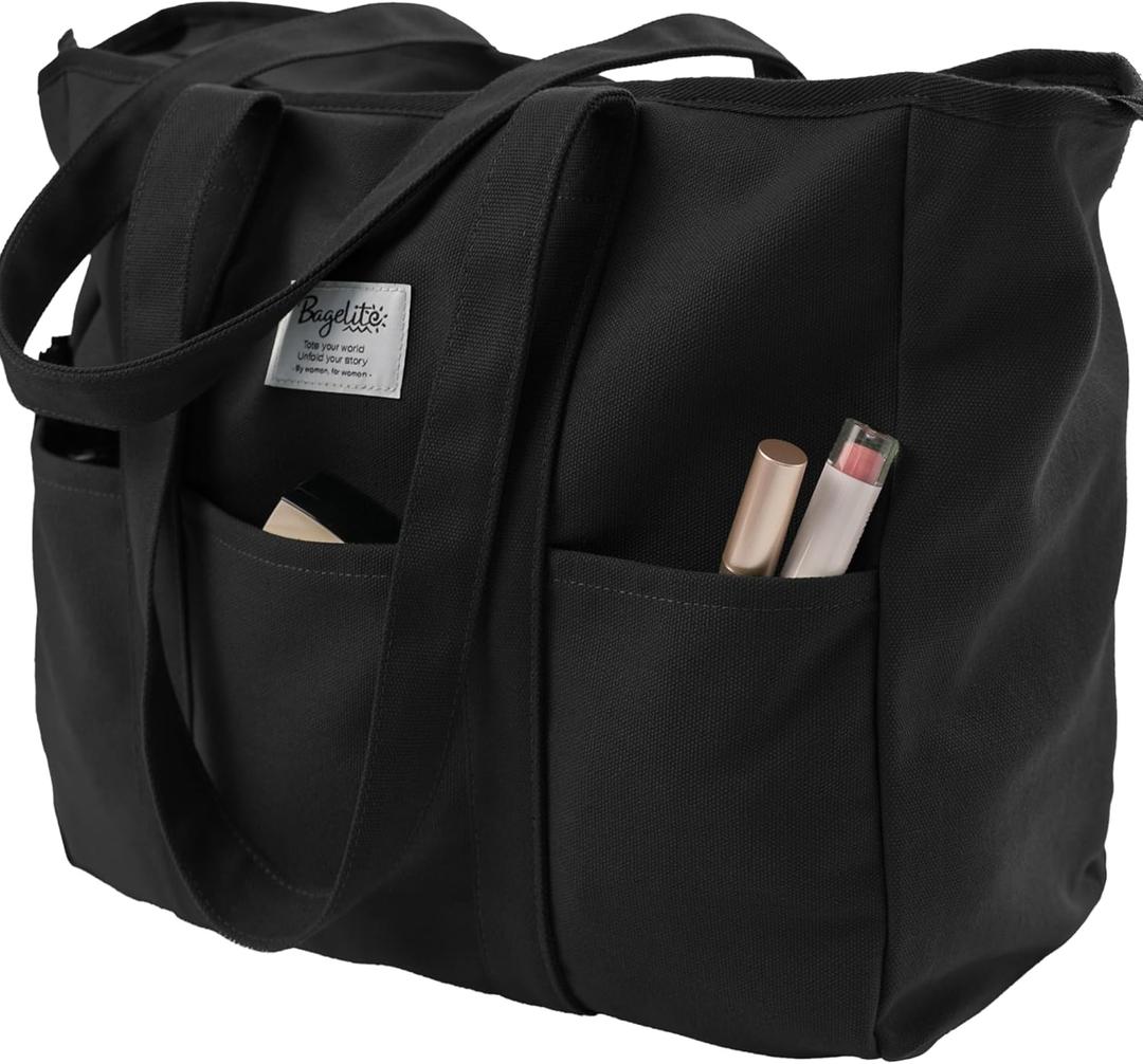 Bagelite Extra Large Canvas Tote for Women Men, Utility Work Bag with Zipper (Black)