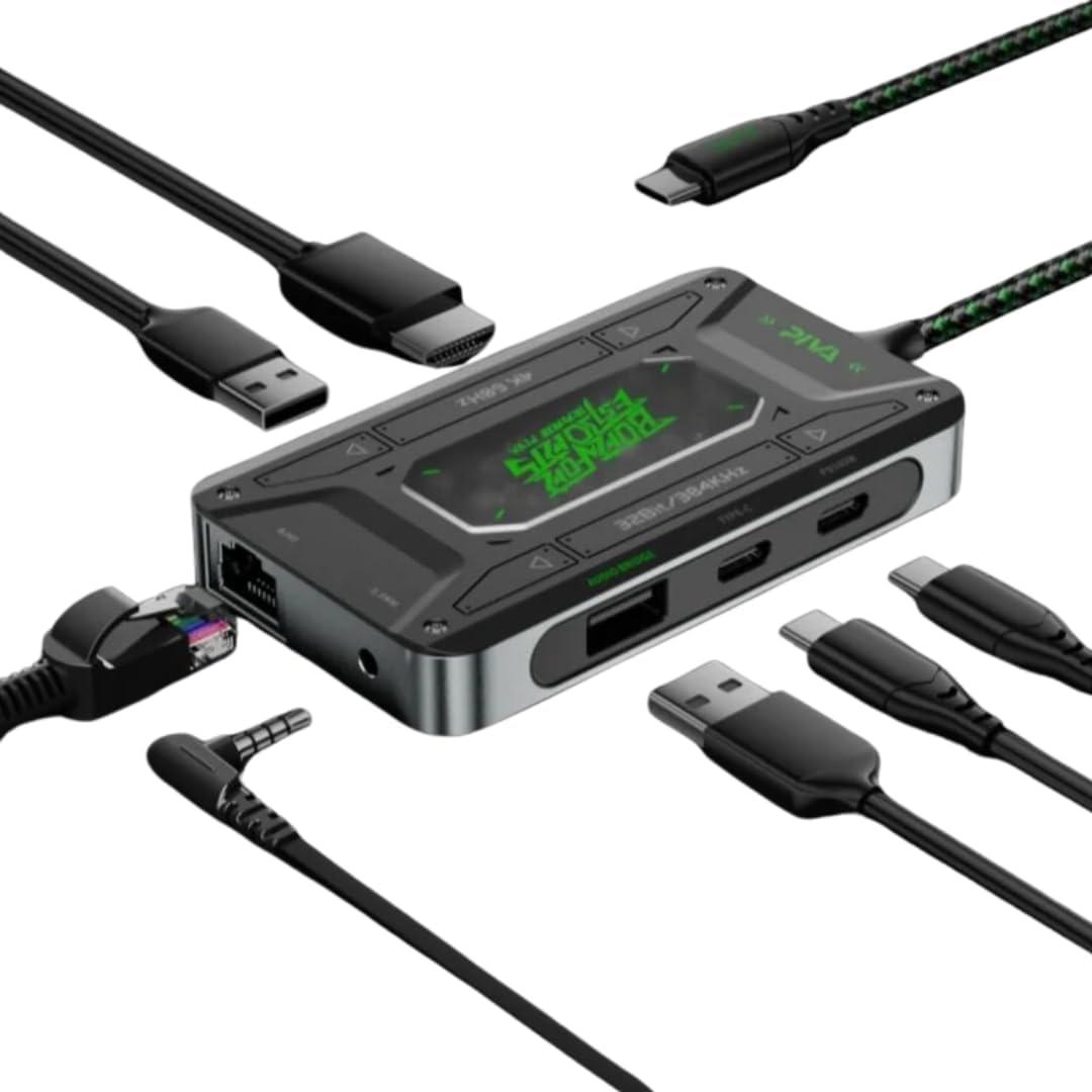 Piva DS7 7-in-1 USB-C Esport Docking Station for Game pubg - 100W PD Fast Charge, 4K HDMI 60Hz, 1000 Ethernet, 2 USB 3.1 Ports, 3.5mm Audio, Compact Type-C Hub for Tablets, and Smartphones