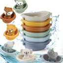 Baby Bath Toy Stackable Infant Bathtub Toys Stacking Floating Boat Train with Animal Finger Puppets Bath Toy Silicone Hand Puppet Educational Beach Toys for Babies Toddlers Party Favors