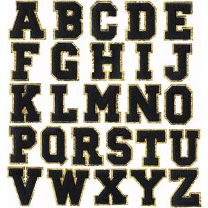 26 Pieces Black Chenille Letter Patches, Embroidered Letters, Glitter Patches, Varsity Iron on Gold Letter Patches, Adhesive Sticker Letter Patch 3.1in Height (26 pcs A-Z set)