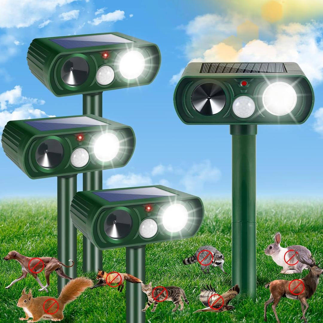 Solar Ultrasonic Animal Repellent Outdoor Deer Repellent Devices with Motion Detection & Flashing Lights,Solar Animal Repeller,Cat Squirrel Raccoon Skunk Rabbit Coyote Deterrent for Yard Garden,4 Pack