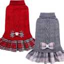 YUDODO 2 Pack Small Dog Sweater Dress with Bowtie Turtleneck - Knitted Pet Girl Dog Winter Clothes - Pet Warm Sweater for Puppy Yorkies, Chihuahua (M Red+Grey) (Medium (9-15lbs))