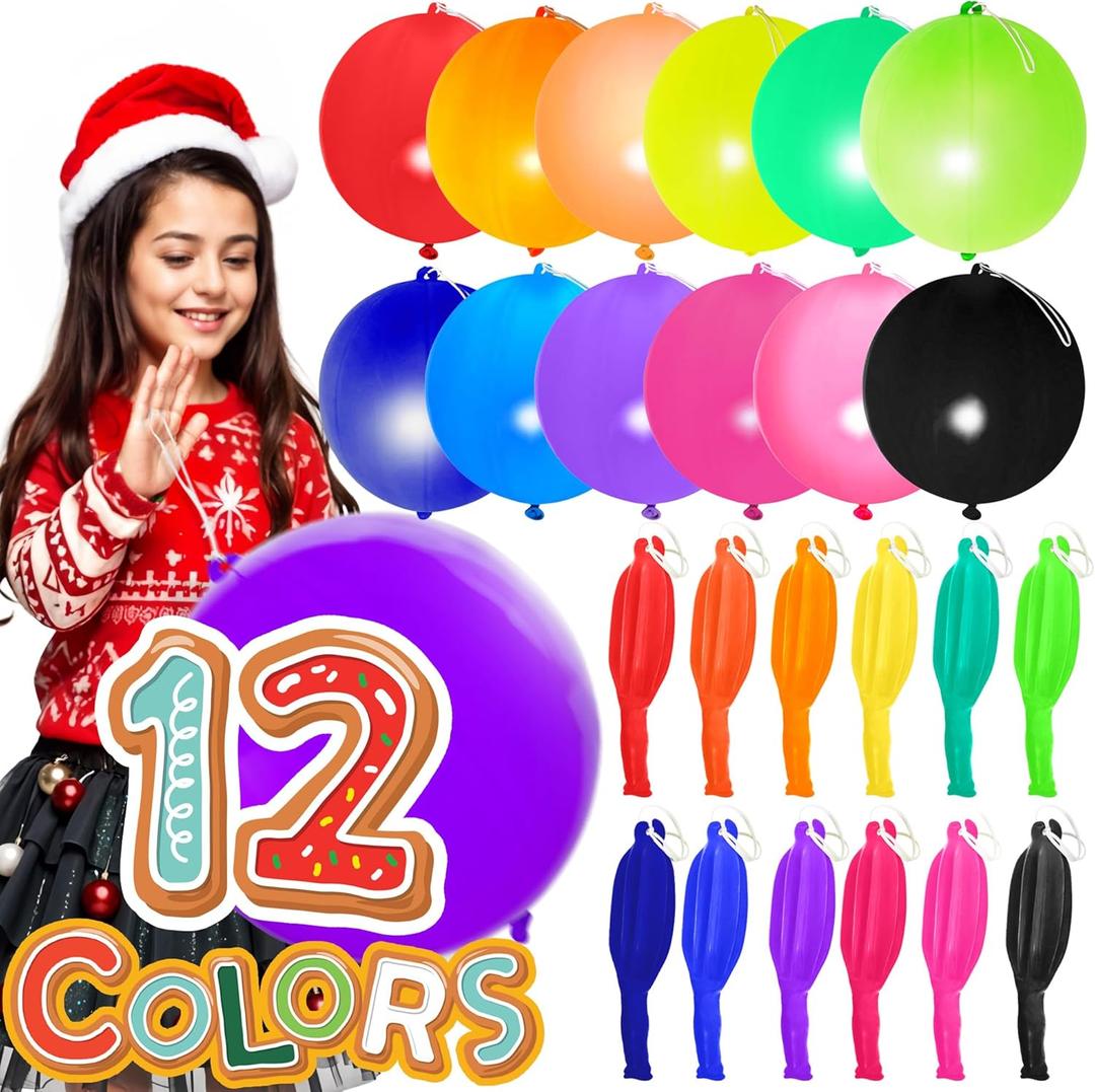 30Pcs Premium 18 inches Heavy Duty Punch Balloons with Rubber Bands, 12 colors, Odorless Punching Balloon Toy For Birthday Party, Goodie Bag, Stuffers, Bouncy Balls