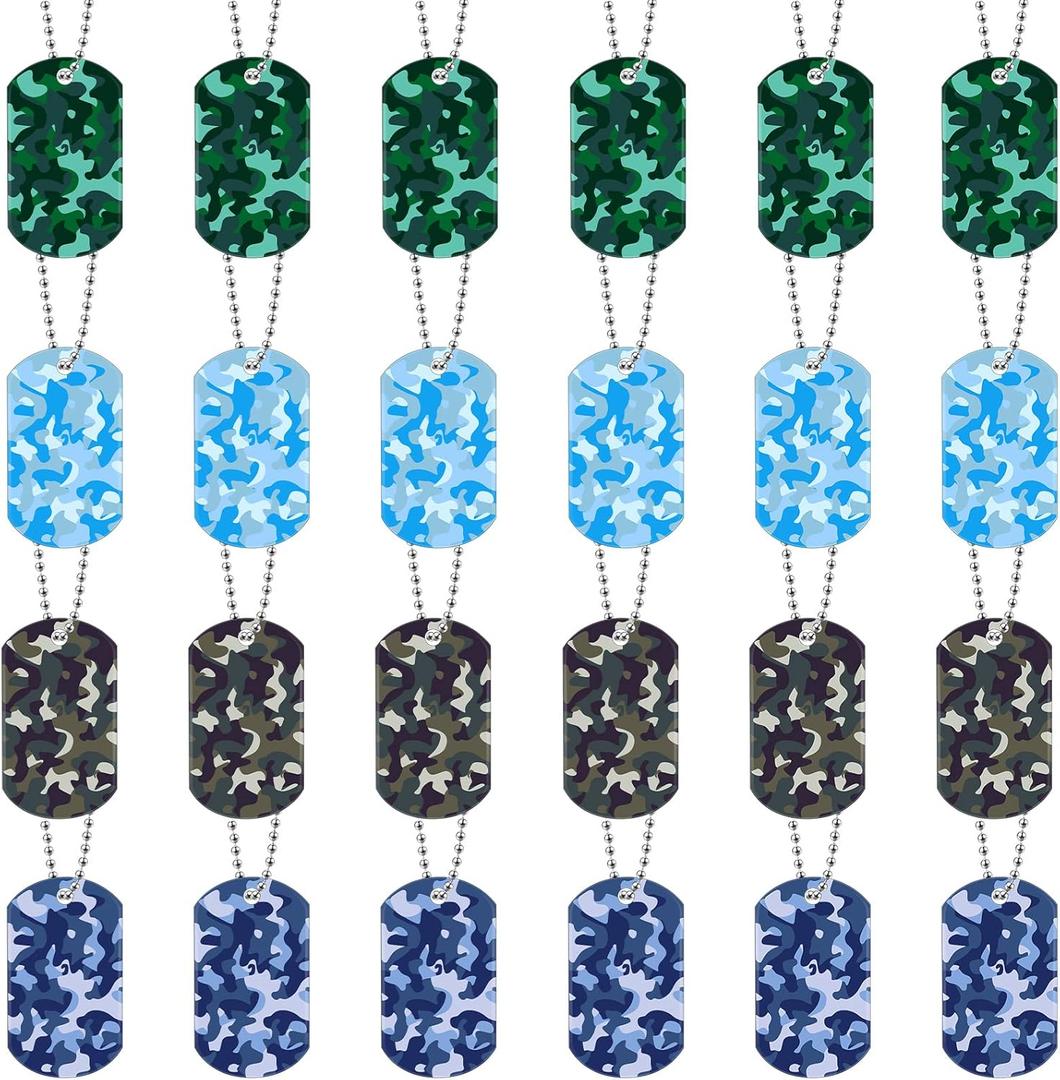 Saintrygo 48 Pcs Camouflage Army Dog Tags Acrylic Personalized Military Dog Tags for Engraving Camo Party Favor Gift 24 Camo Necklaces with 24 Beaded Chains for DIY Craft(Green, Blue, Khaki, Gray)