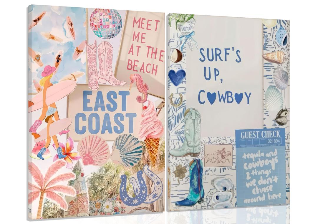 2PCS Pink And Blue Coastal Cowgirl Wall Art Surfboart Wall Decor Framed 12x16inch Canvas