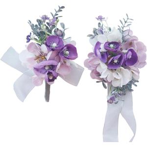 MAFELOE Boutonniere Corsage Set, Artificial Flowers Accessories for Wedding Prom Party Homecoming Celebration Suit Decorations-2 Pieces Purple+Pink+White