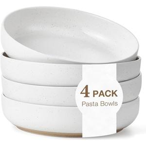 8.3" Pasta Bowls Set of 4, 34 oz Ceramic Salad Bowls, White Serving Plate, Wide and Shallow Bowl for for Fruits, Noodle, Dinner, Housewarming Wedding Christmas Dishwasher and Microwave Safe