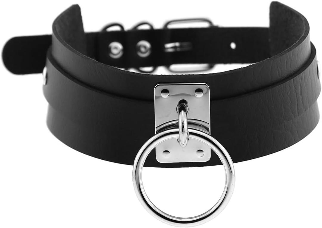 Goth Choker Necklace for Women,Adjustable Soft Leather Collar Punk Emo Costume Neck Accessories Jewelry Gifts (Hanging Circle Ring Style)