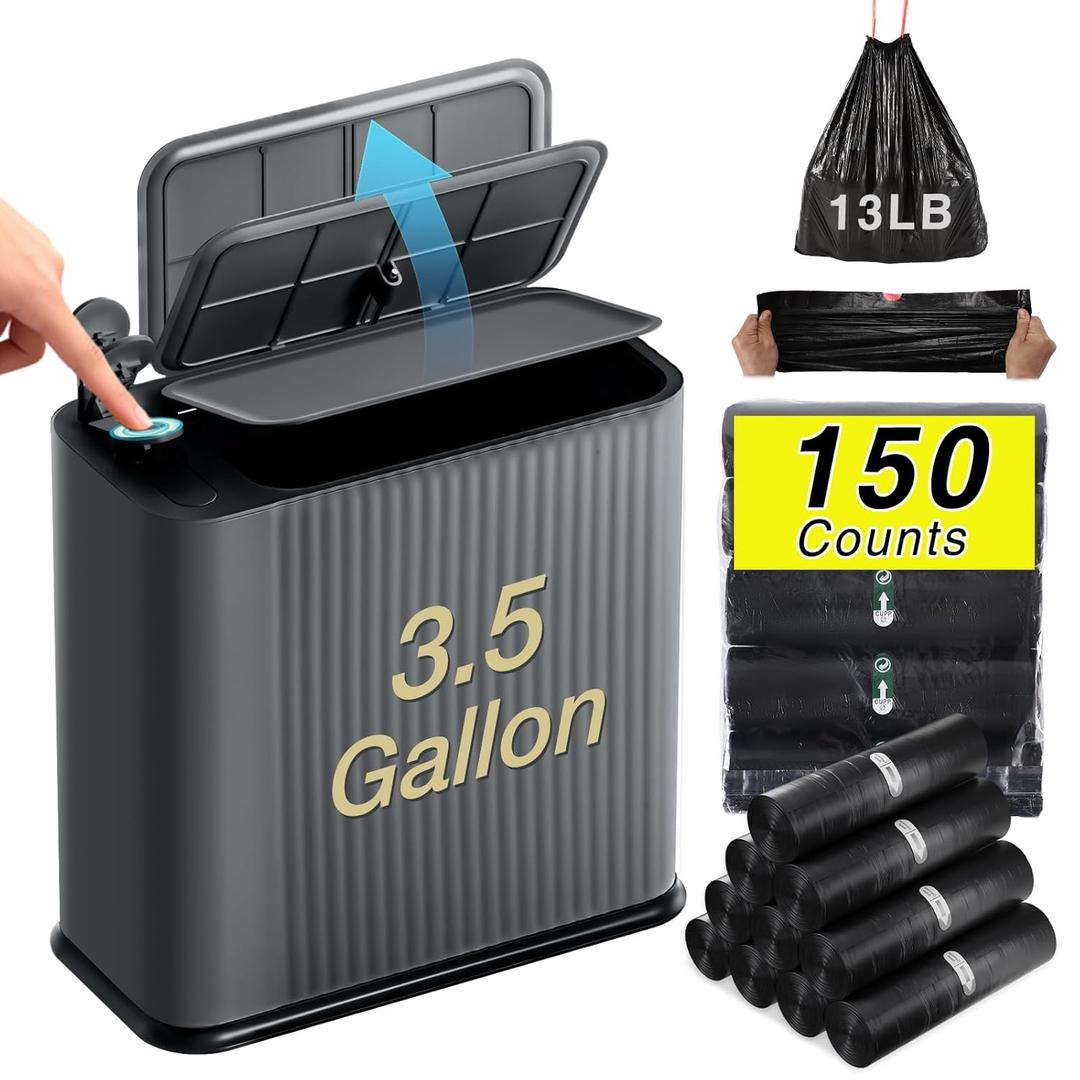 Bathroom Trash Can with Lid 13 Liter/ 3.5 Gallon Dark Gray Trash Can with Pop-Up Lid Bedroom Trash Can Small Garbage Can with 150 Counts Trash Bags for Small Bathroom Bedroom Office