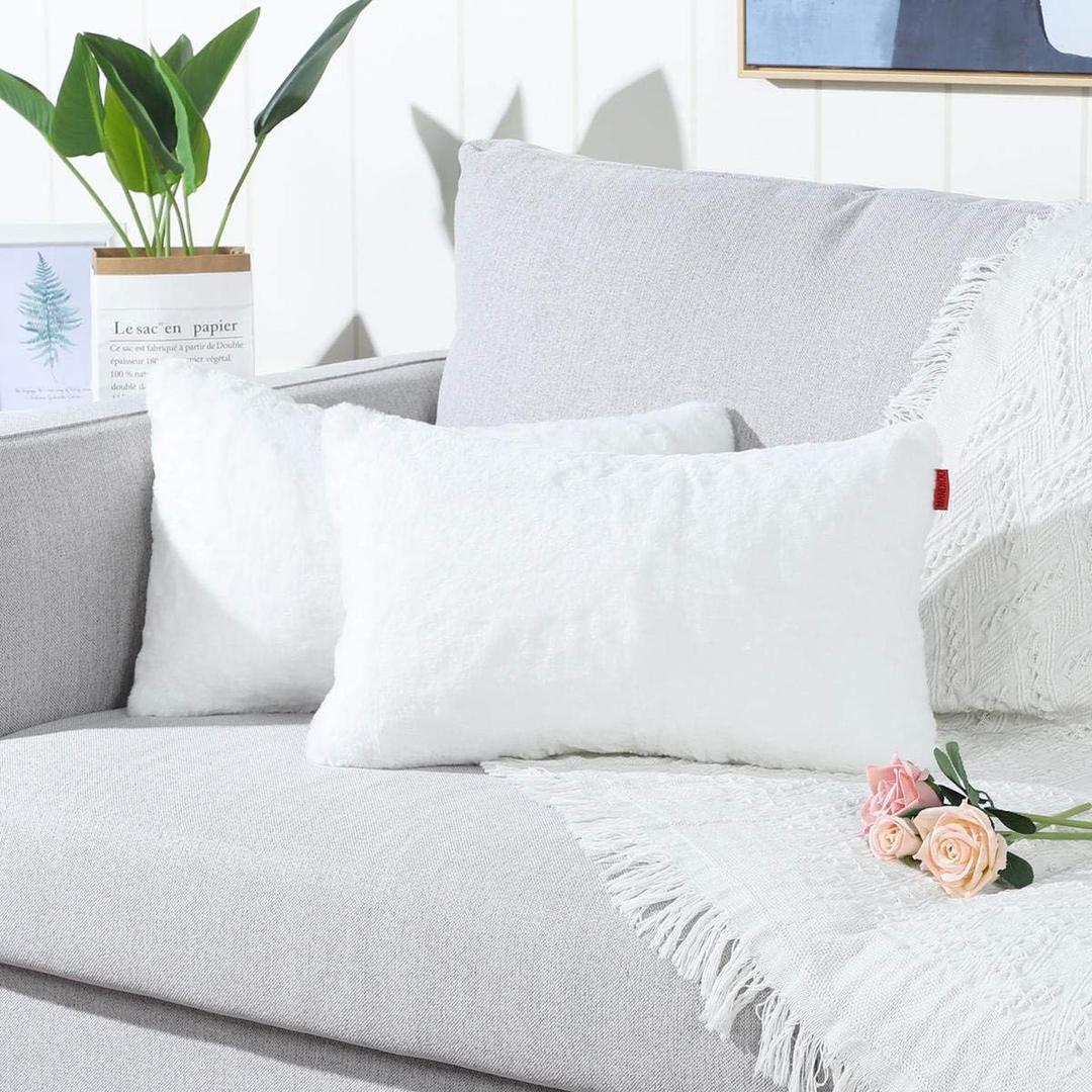 MANDIOO Pack of 2 Pure Snow White Faux Fur Fuzzy Cozy Soft Decorative Throw Pillow Covers Set Lumbar Cushion Cases Pillowcases for Sofa Bedroom Car 12x20 Inches