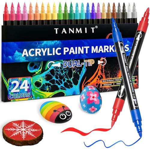 TANMIT 24 Colors Dual Tip Acrylic Paint Markers, Paint Pens Set with Brush Tip and Fine Tip For Fabric, Rock, Wood, Glass, Eggs, Scrapbook, DIY Crafts Making Art Supplies - Teacher Appreciation Gift