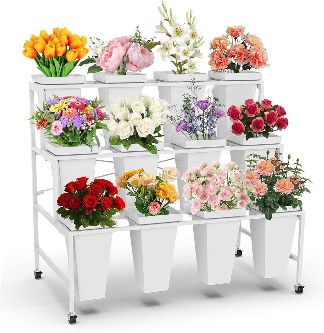 Flower Display Stand with 12Pcs Buckets, Flower Cart Display Stand with Wheels, 3 Tier Metal Plant Stand, Moving Heavy Duty Flower Cart Flower Rack for Florist Indoor Outdoor Patio Garden (White, 12pcs)