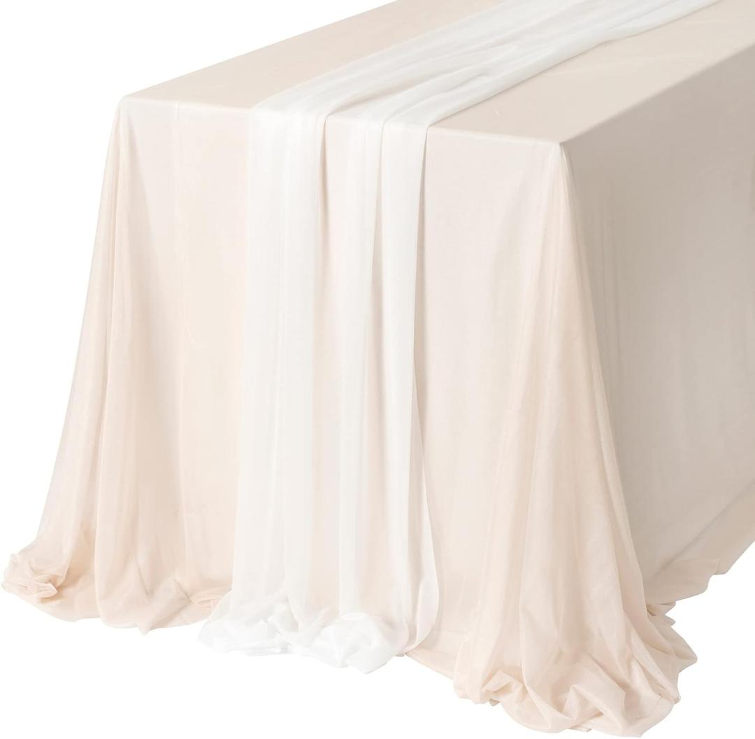 Ling's Moment Sheer Chiffon Table Cloth & Runner Set for 4ft Rectangle Table Decor Tablecloth in Nude & White for Wedding Reception Head/Sweetheart Desk (9ft x 10ft)