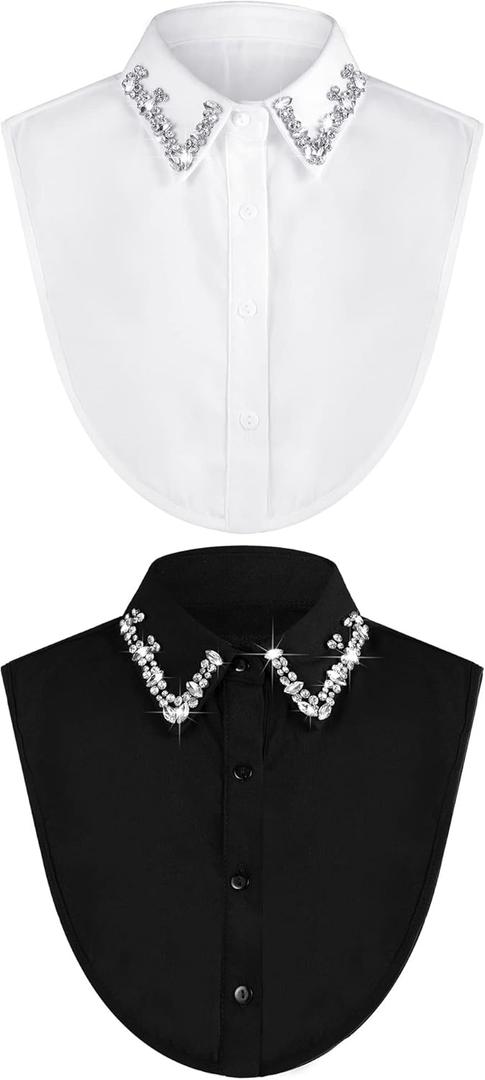 Bencailor 2 Pcs Rhinestone Fake Collar Dickey for Women False Half Shirt Blouse Detachable Collar (Large, White,black)