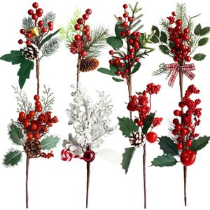 8 Pcs Large Artificial Christmas Picks, Christmas Tree Picks, Assorted Red Berry Picks Stem Faux Pine Picks Spray with Pinecones Holly Leaves for Xmas Winter Holiday Season Home Decor