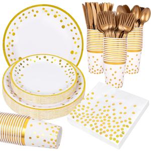 Supernal 350pcs White and Gold Plates & Napkins Party Supplies,10inch Birthday Plates 7inch White and Gold Paper Plates Gold Plastic Forks,Knives,Spoons,White Napkins Cups Served 50 Guest for Birthday
