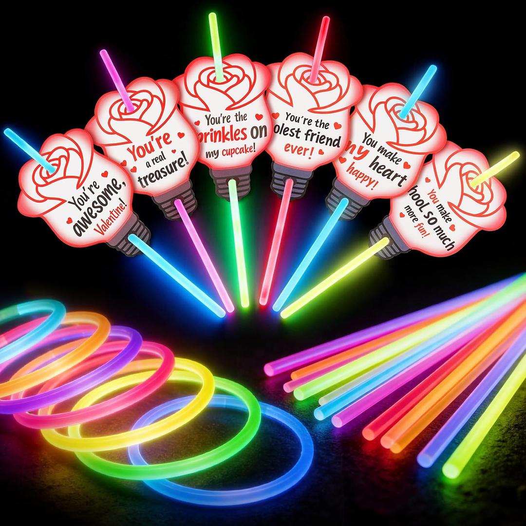 36 Pack Neon Valentine's Day Gift Cards with Glow Sticks, Glow in The Dark Party Favors, Glow Stick Bracelets & Necklaces for Kids, Classroom Exchange, School Prizes & Valentine's Party Supplies