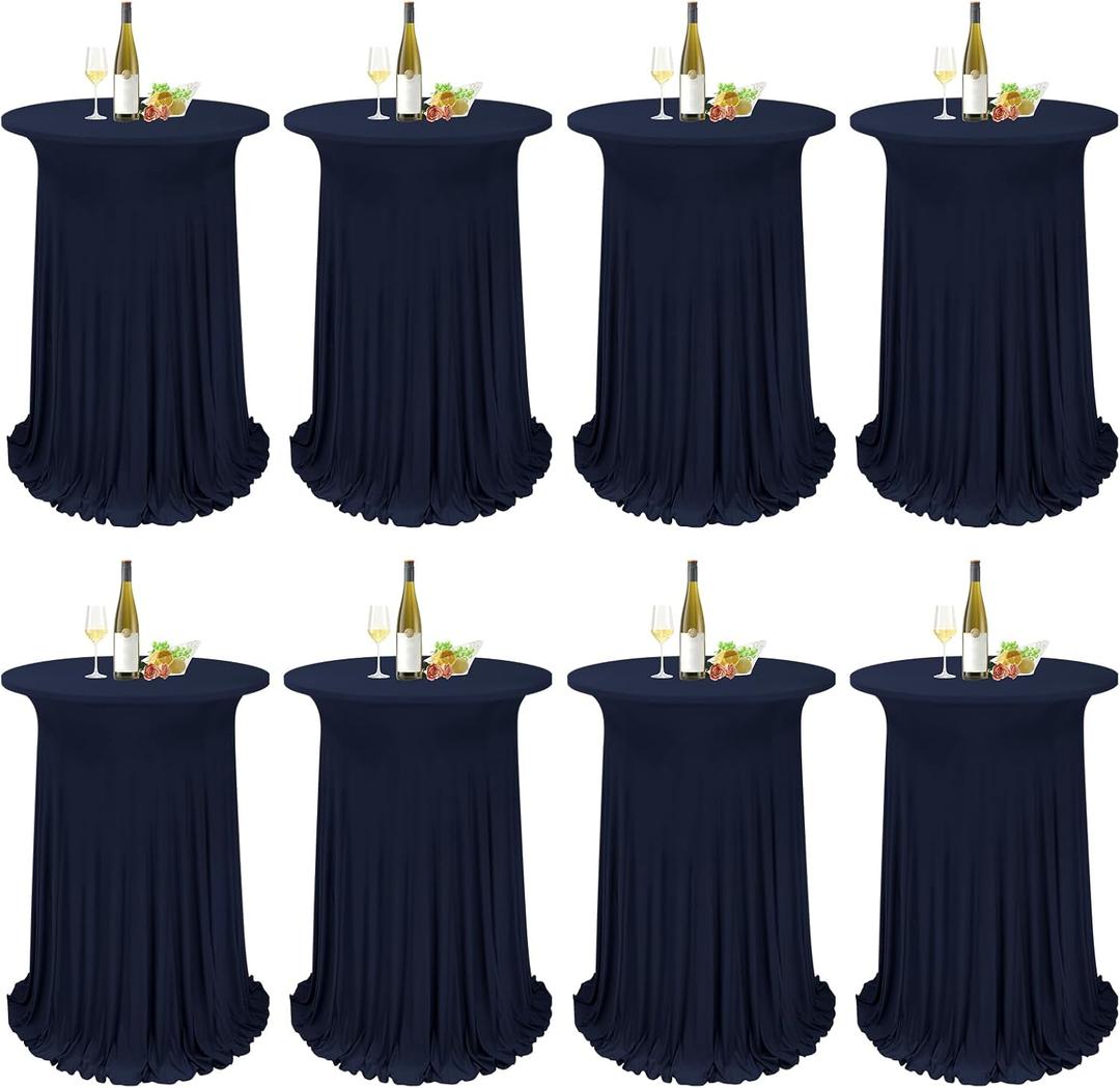 8 Packs Round Cocktail Table Skirt 32"x 43" Spandex Stretch Cocktail Tablecloth with Wavy Drapes, Navy Blue Spandex Fitted High Top Table Covers for Wedding Bar Party Birthday Banquet Table