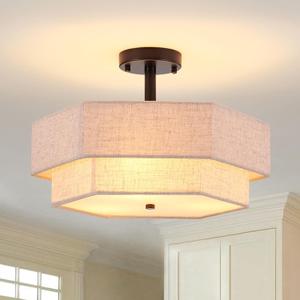 SGLfarmty 17.7" Double Drum Semi Flush Mount Ceiling Light, 3-Light Linen Drum Light Fixture Ceiling Mount, Farmhouse Flush Mount Light Fixture, Modern Close to Ceiling Lamp for Living Room Bedroom (Black)