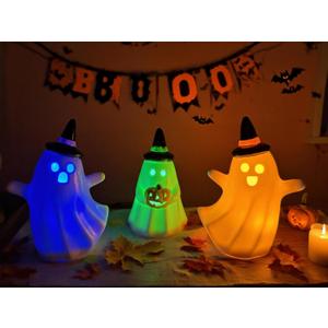 Halloween Decor Indoor 3pcs Ceramic Ghost Decor, Cute Light Up Ghost Figurine for Halloween Home Decorations, Spooky Statue with Ghost Face for Table Mantel or Shelf