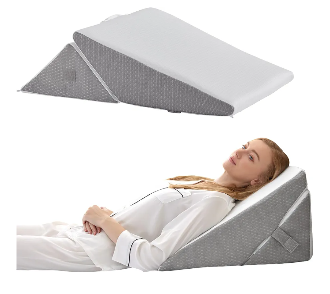 Bedluxe Wedge Pillow for Sleeping, Adjustable 9&12 Inch Foldable Bed Wedge Pillow Set, Orthopedic Memory Foam Triangle Pillows Wedge, 7-in-1 Elevated Pillows for Leg and Back Support, White/Grey